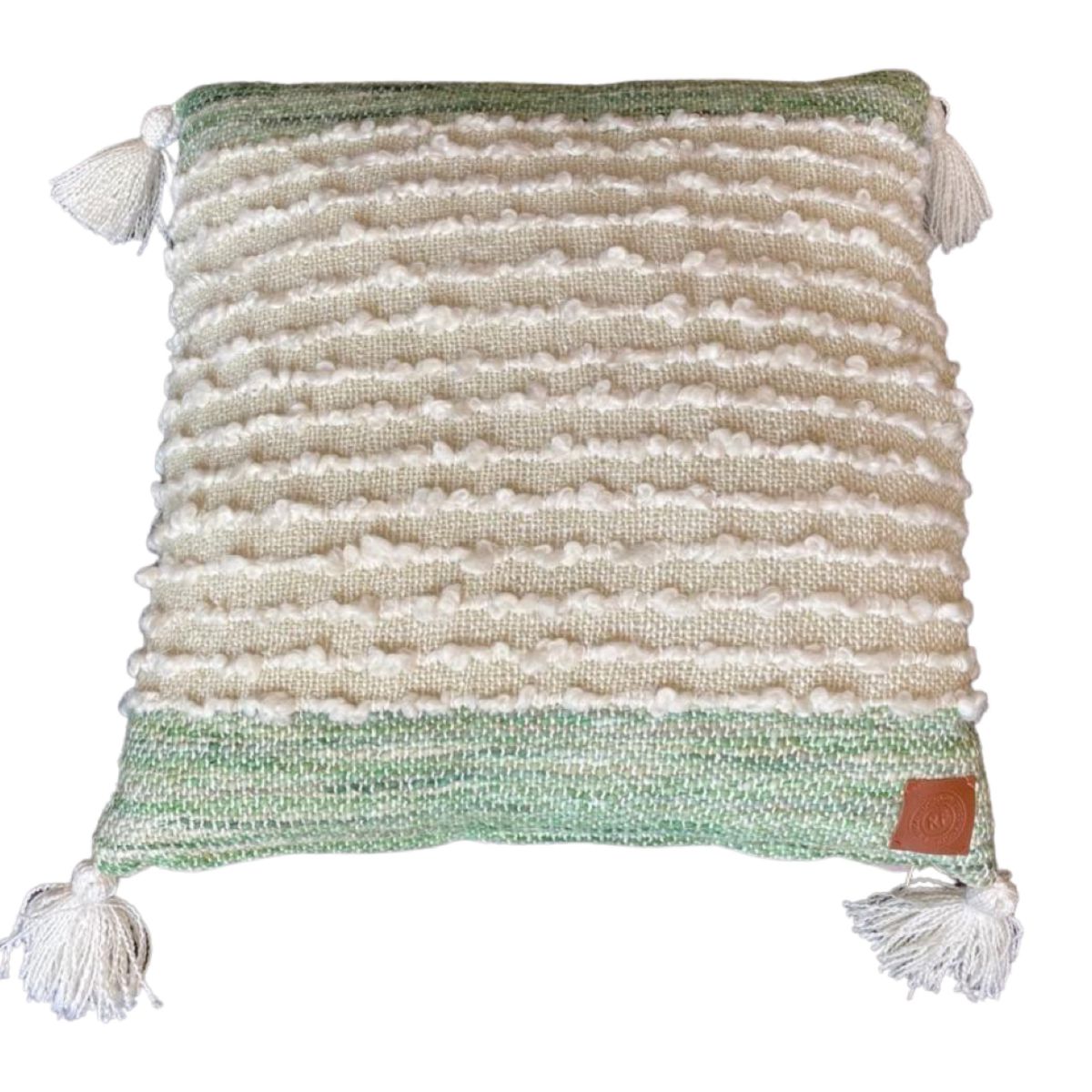 cushion square in green sage tones with tassels 50x50cm