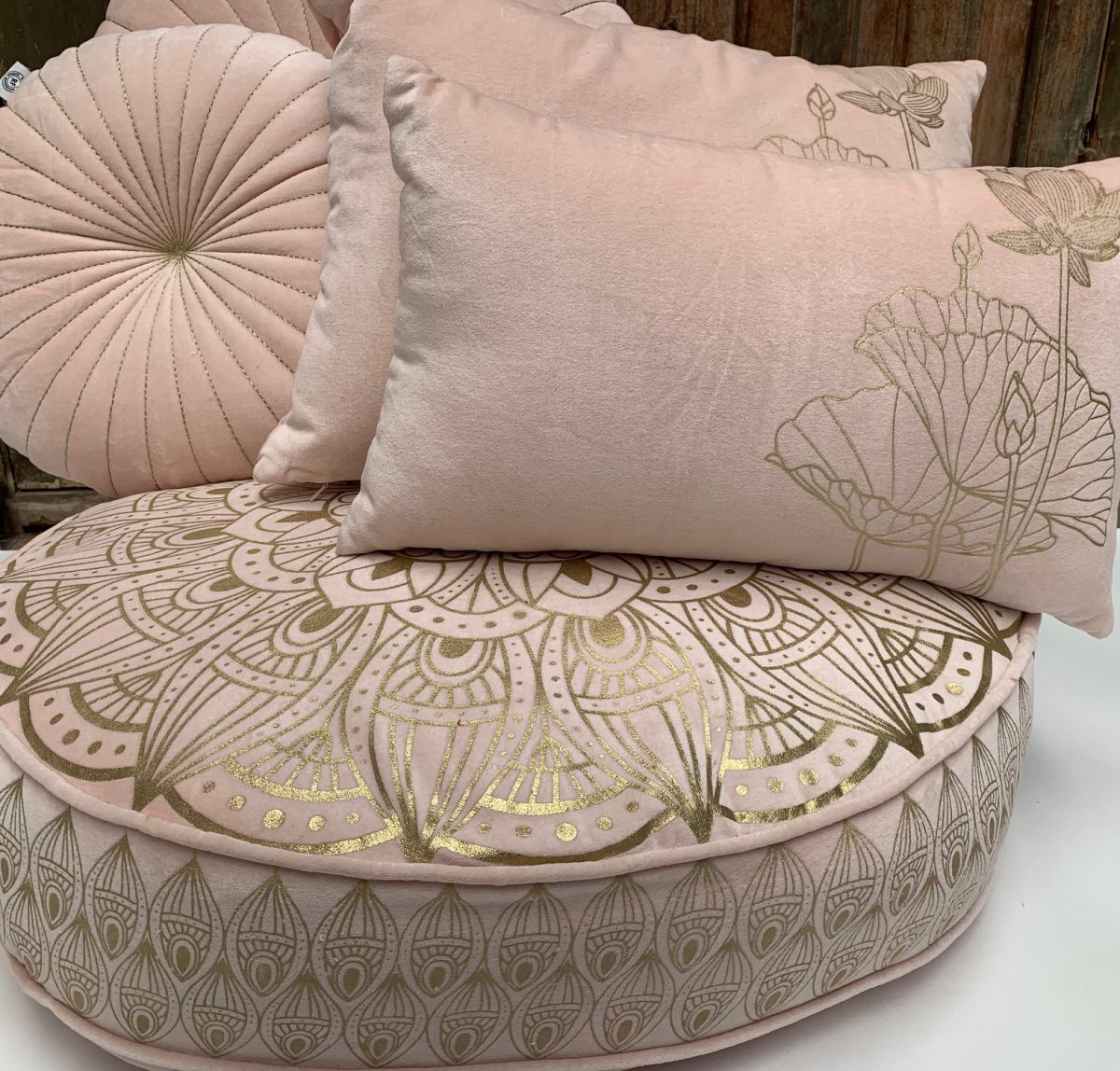 cushion velvet blush pink print lotusflower gold 70hg12cm mandala