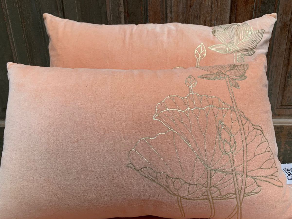 cushion velvet peach 50x30cm print gold lotus flower
