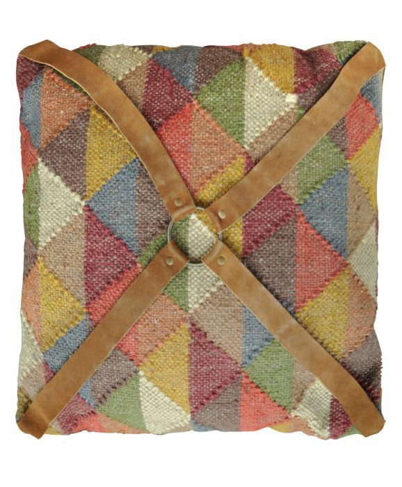 cushion wool multi tones with leather 45x45cm