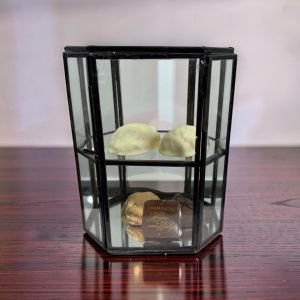 Presentatiedoosje glas zwart metaal 2-laags br 13 x 9,5 x hg 16,4 cm