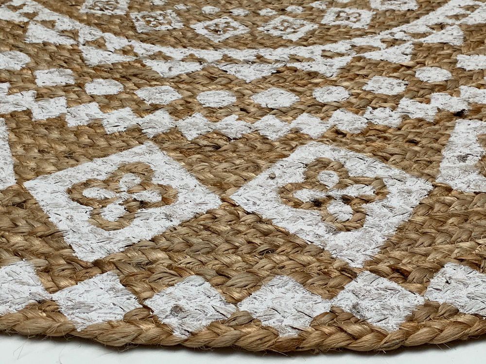 rug braided jute with white print mandala 120 cm ibiza style