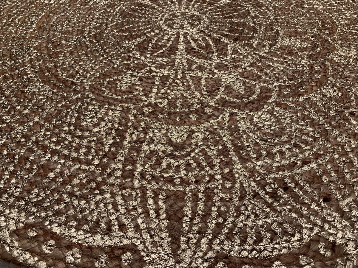 rug oriental bohemain braided hemp with golden lotus flower print 120cm