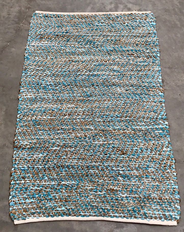 rug recycled leather seablue with jute 80x140cm