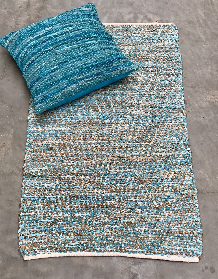 rug recycled leather seablue with jute 80x140cm