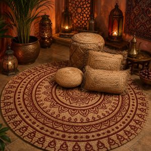 Vloerkleed jute oosters henna bordeaux rood Mandala rond 150 cm