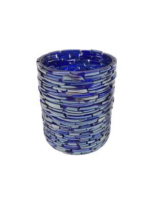 waxinehouder cilreepjes glas mozaiek l asgrijs blauw